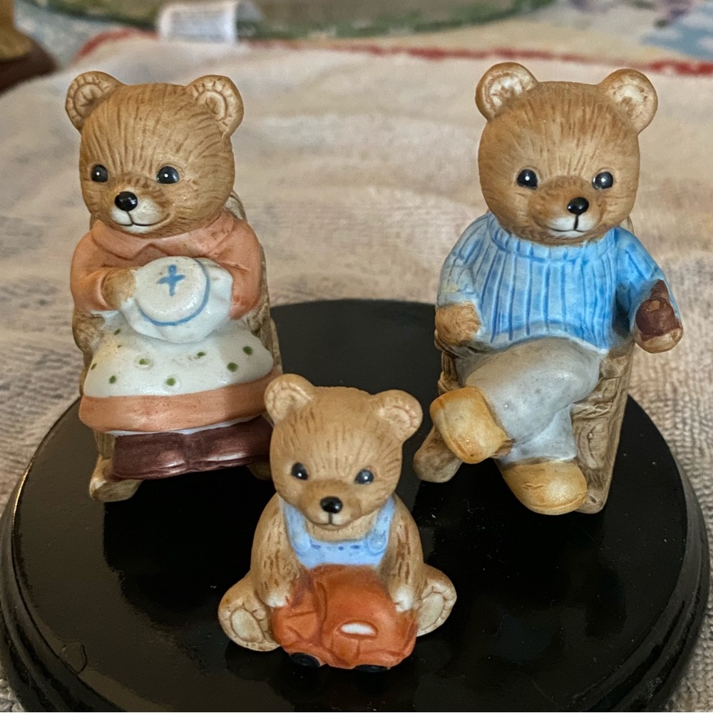 Porcelain Bear Family Figurine Trio with Blue and Peach Accents